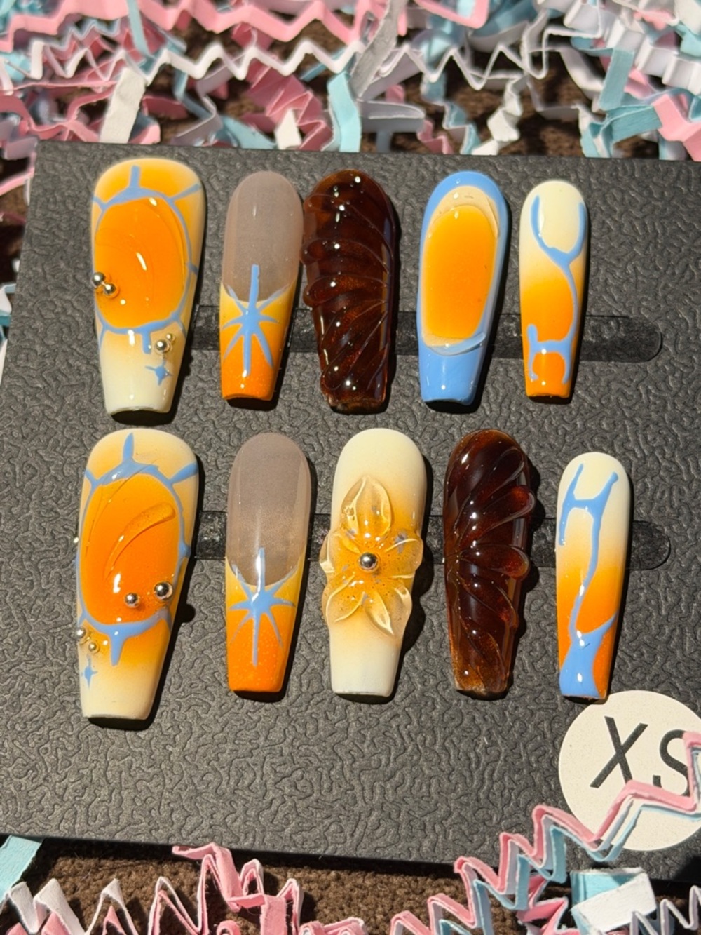 Handmade Orange & Blue Acrylic Press-On Nail Set